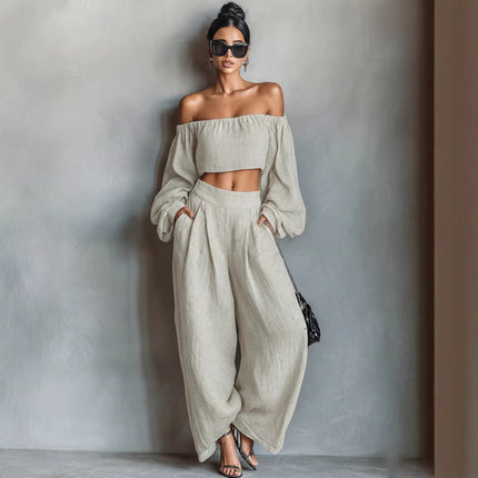 Women Spring Clothing off Shoulder Short Top Wide Leg Pants Set .Ships from overseas. Estimated delivery: 14–20 business days