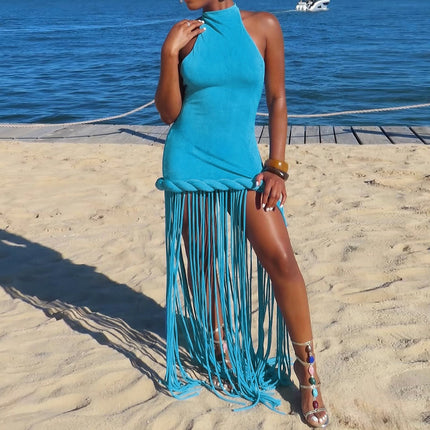 Spring Women Tassel Design Halter Sexy Backless Solid Color Dress .Ships from overseas. Estimated delivery: 14–20 business days