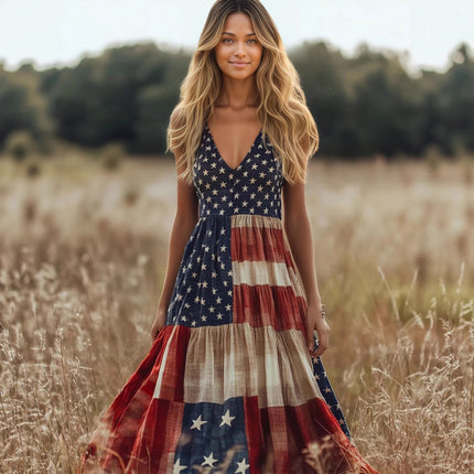 Retro Flag Printed V neck Sling Independence Day Vacation Tiered Dress .Ships from overseas. Estimated delivery: 14–20 business days