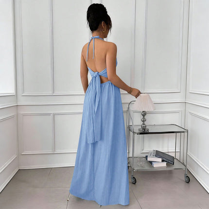 Summer Blue Halter Backless Dress Lace up Waist Slimming Seaside Vacation Gentle .Ships from overseas. Estimated delivery: 14–20 business days