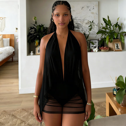Spring Women clothing sexy Deep V Plunge halter backless hip wrapped short mesh Dress .Ships from overseas. Estimated delivery: 14–20 business days