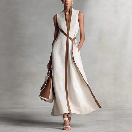 Spring Women Independent Stand Contrast Color Sleeveless Stand Collar Cotton Linen Jumpsuit .Ships from overseas. Estimated delivery: 14–20 business days