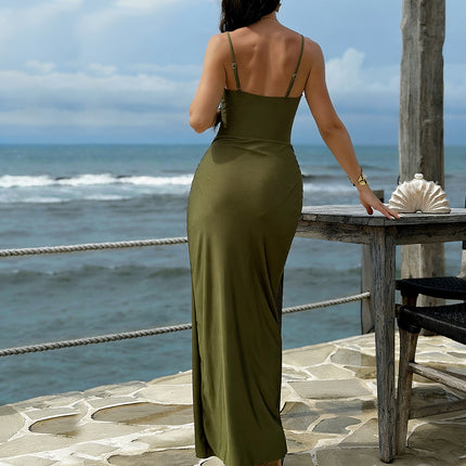 Swimwear Sexy Deep V Plunge neck Pleated High Slit Tube Top Dress Sexy .Ships from overseas. Estimated delivery: 14–20 business days