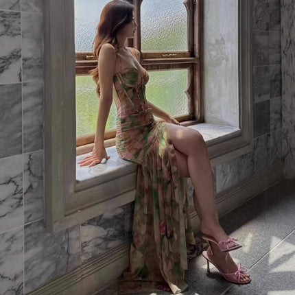 Women Clothing Summer Sexy Spaghetti Strap Floral Print Vacation Beach High Waist Slimming Slit Dress Women .Ships from overseas. Estimated delivery: 14–20 business days