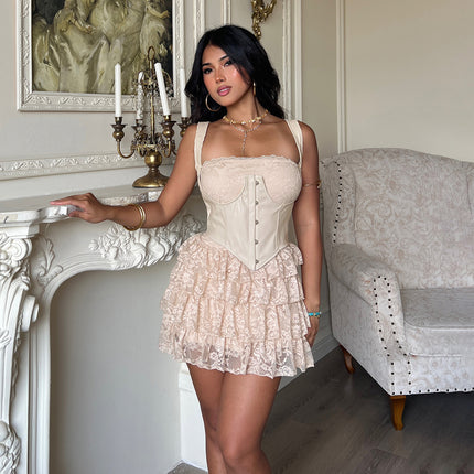 Sexy Leather Bra Strap Lace Stitching Puffy Tiered Dress Summer Set .Ships from overseas. Estimated delivery: 14–20 business days
