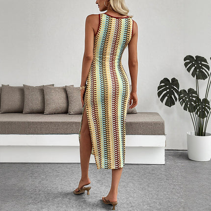 Ethnic Vacation round Neck Striped Contrast Color Sleeveless Sheath Dress .Ships from overseas. Estimated delivery: 14–20 business days