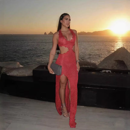 Spring Summer Deep V Plunge Cropped Outfit Lace up Split Bright Silk Handmade Crochet Woolen Dress .Ships from overseas. Estimated delivery: 14–20 business days