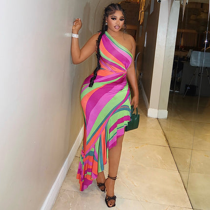 Color Matching Women Printed Wear One Shoulder Rainbow Hip Diagonal Collar Irregular Asymmetric Summer Seaside Dress .Ships from overseas. Estimated delivery: 14–20 business days