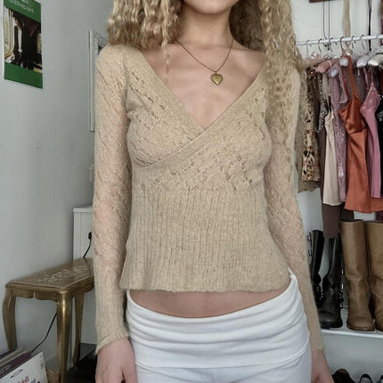 Retro Cross V neck Hollow Out Cutout out Short Sweater Women Autumn Winter Solid Color Crocheted Woolen Top .Ships from overseas. Estimated delivery: 14–20 business days