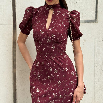 Elegant Floral Dress Women Hollow Out Cutout out Design Stand Collar Puff Sleeve High Waist Sheath Dress .Ships from overseas. Estimated delivery: 14–20 business days