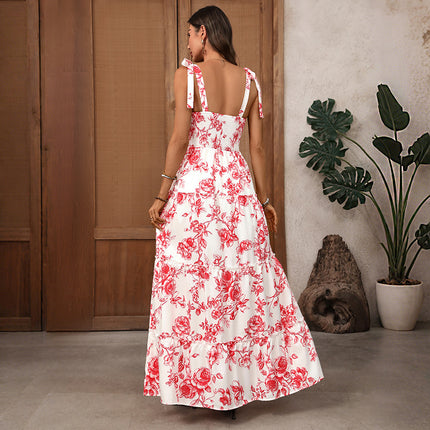 French Vacation Strap Retro Printed Large Swing Dress