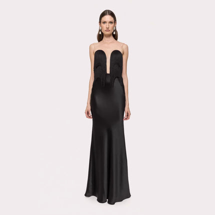 Black Tassel Tube Top Fishtail Draping V neck Slim Fit Evening Dress Wedding Party Maxi Dress .Ships from overseas. Estimated delivery: 14–20 business days
