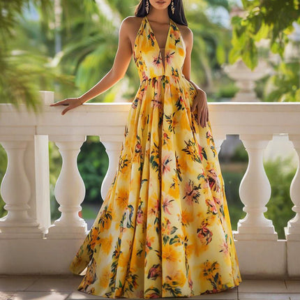 Spring Women Clothing Printed V neck Waist Trimming Spaghetti Straps Maxi Dress .Ships from overseas. Estimated delivery: 14–20 business days