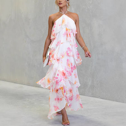 Spring Summer Chiffon Printed Lace up Dress Multi Layer Holiday Dress .Ships from overseas. Estimated delivery: 14–20 business days