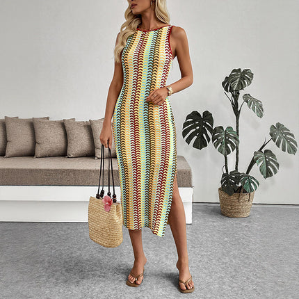Ethnic Vacation round Neck Striped Contrast Color Sleeveless Sheath Dress .Ships from overseas. Estimated delivery: 14–20 business days