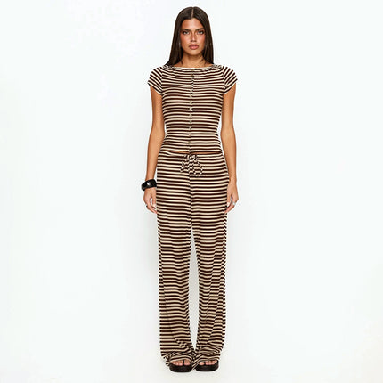 Women Clothing Summer Knitted Striped Color Matching Short Sleeve Top Wide Leg Trousers Two Piece Set