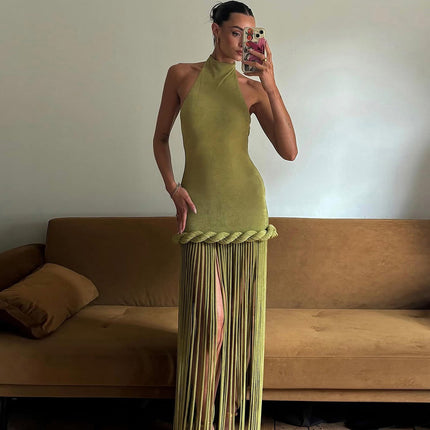 Spring Women Tassel Design Halter Sexy Backless Solid Color Dress .Ships from overseas. Estimated delivery: 14–20 business days