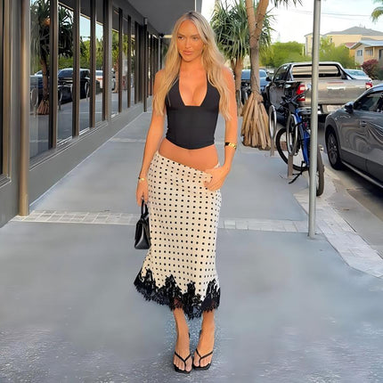 Summer Women Clothing Fashionable All Match Polka Dot Printed Lace Stitching Midi Skirt .Ships from overseas. Estimated delivery: 14–20 business days