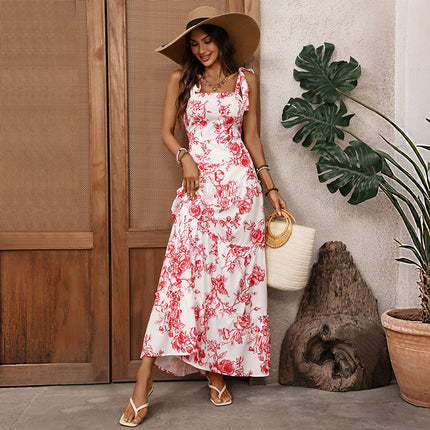 French Vacation Strap Retro Printed Large Swing Dress