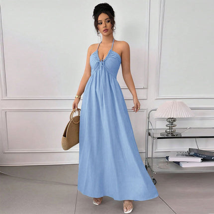 Summer Blue Halter Backless Dress Lace up Waist Slimming Seaside Vacation Gentle .Ships from overseas. Estimated delivery: 14–20 business days