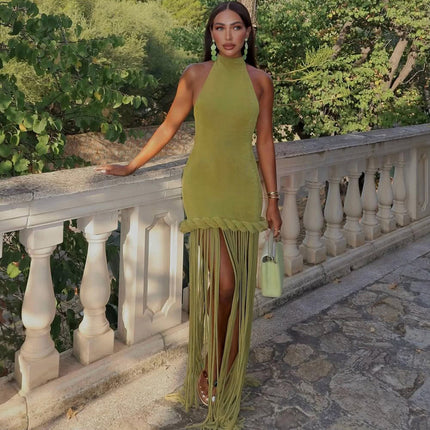 Spring Women Tassel Design Halter Sexy Backless Solid Color Dress .Ships from overseas. Estimated delivery: 14–20 business days