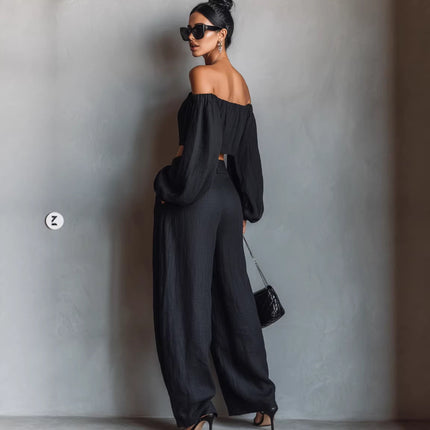 Women Spring Clothing off Shoulder Short Top Wide Leg Pants Set .Ships from overseas. Estimated delivery: 14–20 business days