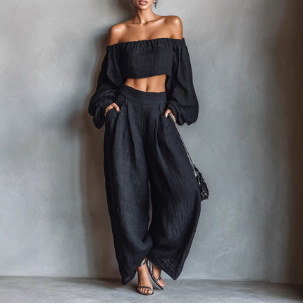 Women Spring Clothing off Shoulder Short Top Wide Leg Pants Set .Ships from overseas. Estimated delivery: 14–20 business days