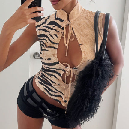 Personalized Hollow Out Cutout out Tied Stand Collar Top Women Animal Print Contrast Color Sexy T shirt .Ships from overseas. Estimated delivery: 14–20 business days