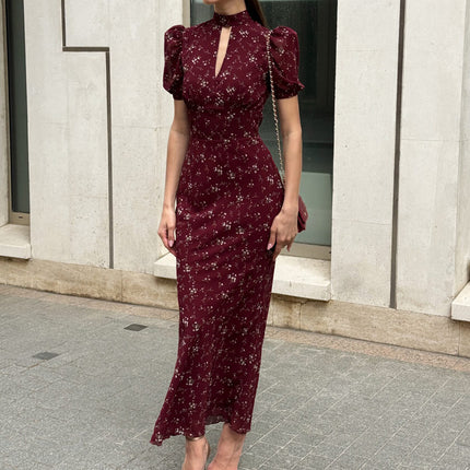 Elegant Floral Dress Women Hollow Out Cutout out Design Stand Collar Puff Sleeve High Waist Sheath Dress .Ships from overseas. Estimated delivery: 14–20 business days