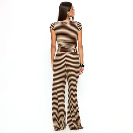 Women Clothing Summer Knitted Striped Color Matching Short Sleeve Top Wide Leg Trousers Two Piece Set