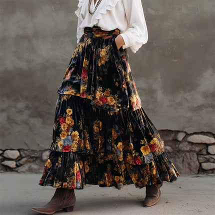 Skirt Fashionable Elegant Large Skirt Floral Slimming Retro High Waist Tiered Ruffle Maxi Dress Women