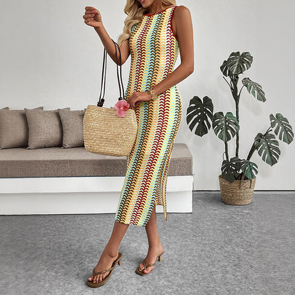 Ethnic Vacation round Neck Striped Contrast Color Sleeveless Sheath Dress .Ships from overseas. Estimated delivery: 14–20 business days