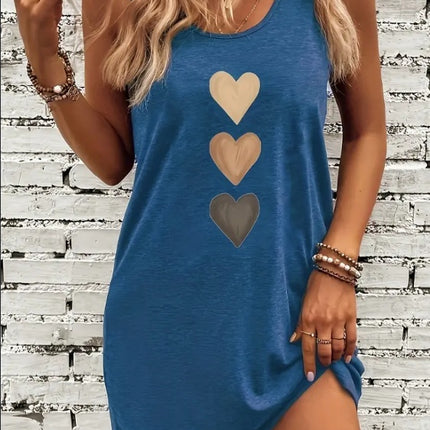 Vibrant Heart Print Crew Neck Tank Dress - Soft, Breathable, Sleeveless Design For Spring & Summer - Women's Casual Clothing For Everyday Wear