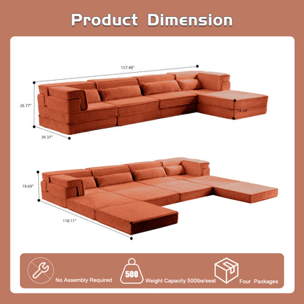 Compression Mahjong Sofa,Convertible Floor Sofa Bed,DIY Boneless Modular Sectional Sofa,No Assembly Required,Circle Fleece Fabric,Oversized 4 Seater With 1 Ottoman,Orange