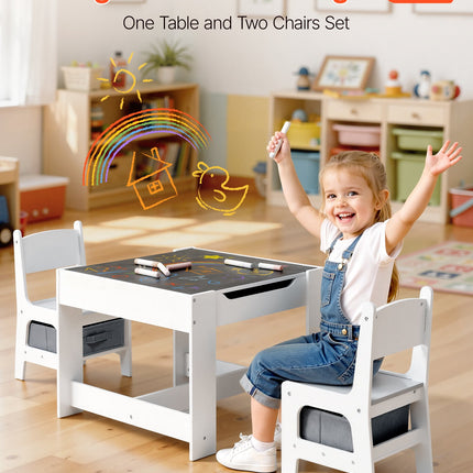 Kids Table And 2 Chairs Set, Toddler Table And Chair Set With Storage Space Under The Table, Cloth Storage Box Under The Chairs, Wooden Desk For Art, Craft, Reading, Learning, Drawing, White