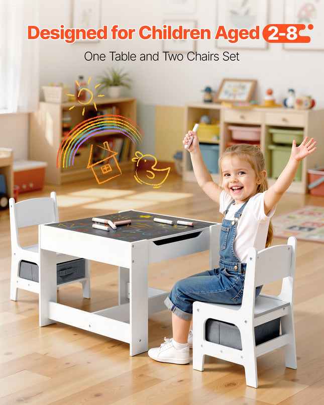 Kids Table And 2 Chairs Set, Toddler Table And Chair Set With Storage Space Under The Table, Cloth Storage Box Under The Chairs, Wooden Desk For Art, Craft, Reading, Learning, Drawing, White