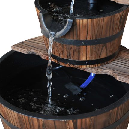 Wood Freestanding Fountain with 2 Tier Waterfall Barrel, Electric Pump for Garden Decor, Lawn, Backyard