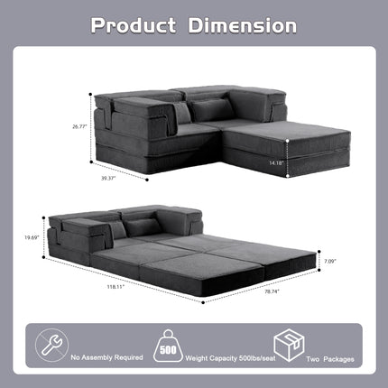 Compression Mahjong Sofa,Convertible Floor Sofa Bed,DIY Boneless Modular Sectional Sofa,No Assembly Required,Circle Fleece Fabric,Oversized 2 Seater With 1 Ottoman,Dark-grey