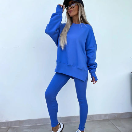 Sweater Suit Women's Casual Loose Long Sleeve Crew Neck Split Top Tight Trousers