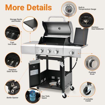 Propane Grill 3 Burner Barbecue Grill Stainless Steel Gas Grill With Side Burner For Outdoor BBQ, Camping