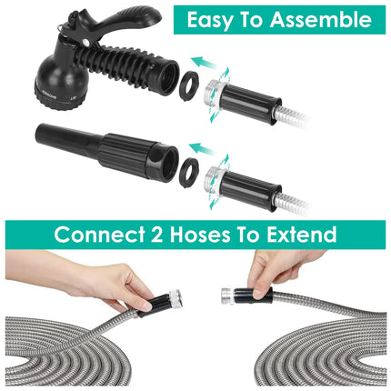 25FT-50FT-100FT Options -- 1Pc Heavy Duty Stainless Steel Garden Hose Garden Watering Kit Metal Water Hose With 2 Nozzles 12 Patterns Flexible Extendable Kink Tangle Puncture Resistant Dog Proof