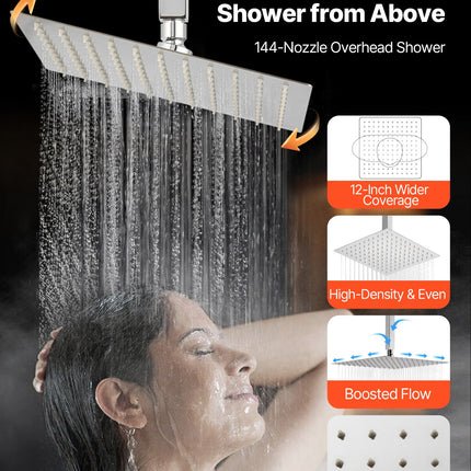 Shower Faucet Set, 12 Inch Thermostatic Ceiling Mount Rainfall Shower System With 6 Inch Wall Mount Head And 2 In 1 Handheld Spray, 3-Function Dual Rain Head Brass Valve And Trim Kit, Chrome