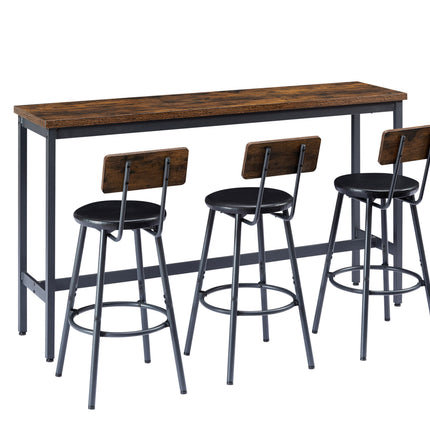 Long Bar Table Set With 3 PU Upholstered Bar Stools, Industrial Bar Table And Chairs For Kitchen Breakfast Table, Living Room, Banquet Hall, Rustic Brown And Black, 63inL X15.7 W X 37.5 H