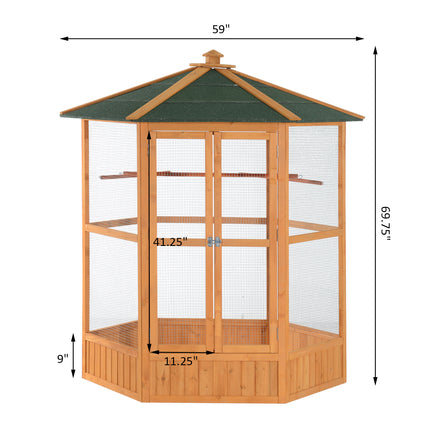 69" Wooden Hexagonal Outdoor Aviary Flight Bird Cage With Covered Roof, Brown