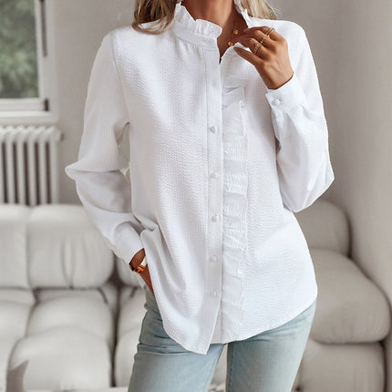 Striped Long Sleeve Shirt Fashion Ruffle Design Button Up Tops Casual Office Blouse Elegant Commuting Women's Clothing