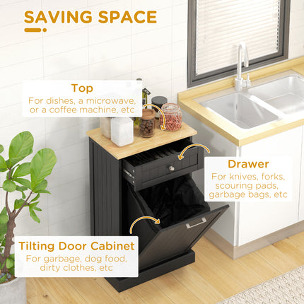 Kitchen Tilt Out Trash Bin Cabinet Free Standing Recycling Cabinet Trash Can Holder With Drawer, Black