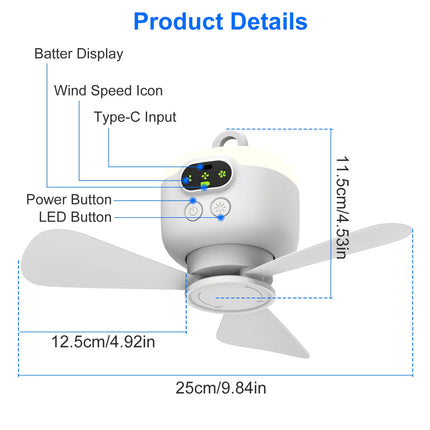 1Pc 2 In 1 Portable Camping Fan With LED Lantern 8000mAh Battery Powered Tent Fan With Carabiner Digital Display 4 Speeds 4 Timer Settings For Camping Canopy Tents RV