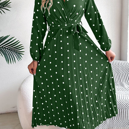 Spring Summer Elegant Long Dress Cross V-Neck Contrast Polka Dot Long Sleeve Pleated Bridesmaid Dresses