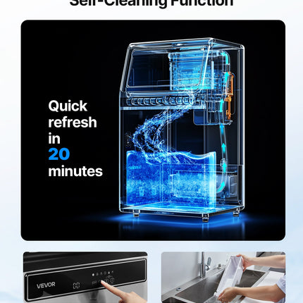 Commercial Ice Maker Machine With Pump, 130Lbs/24H With 33Lbs Storage, 45 Cubes Per Cycle, Freestanding & Under Counter Ice Maker With LED Display & Self-Cleaning, For Home Bar Restaurant