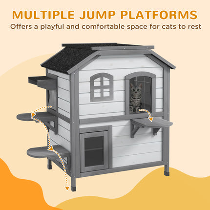 2-story Cat House Outdoor, Weatherproof Wooden Cat Enclosure for Feral Cats with Escape Door, Openable Roof, Jumping Platforms, White